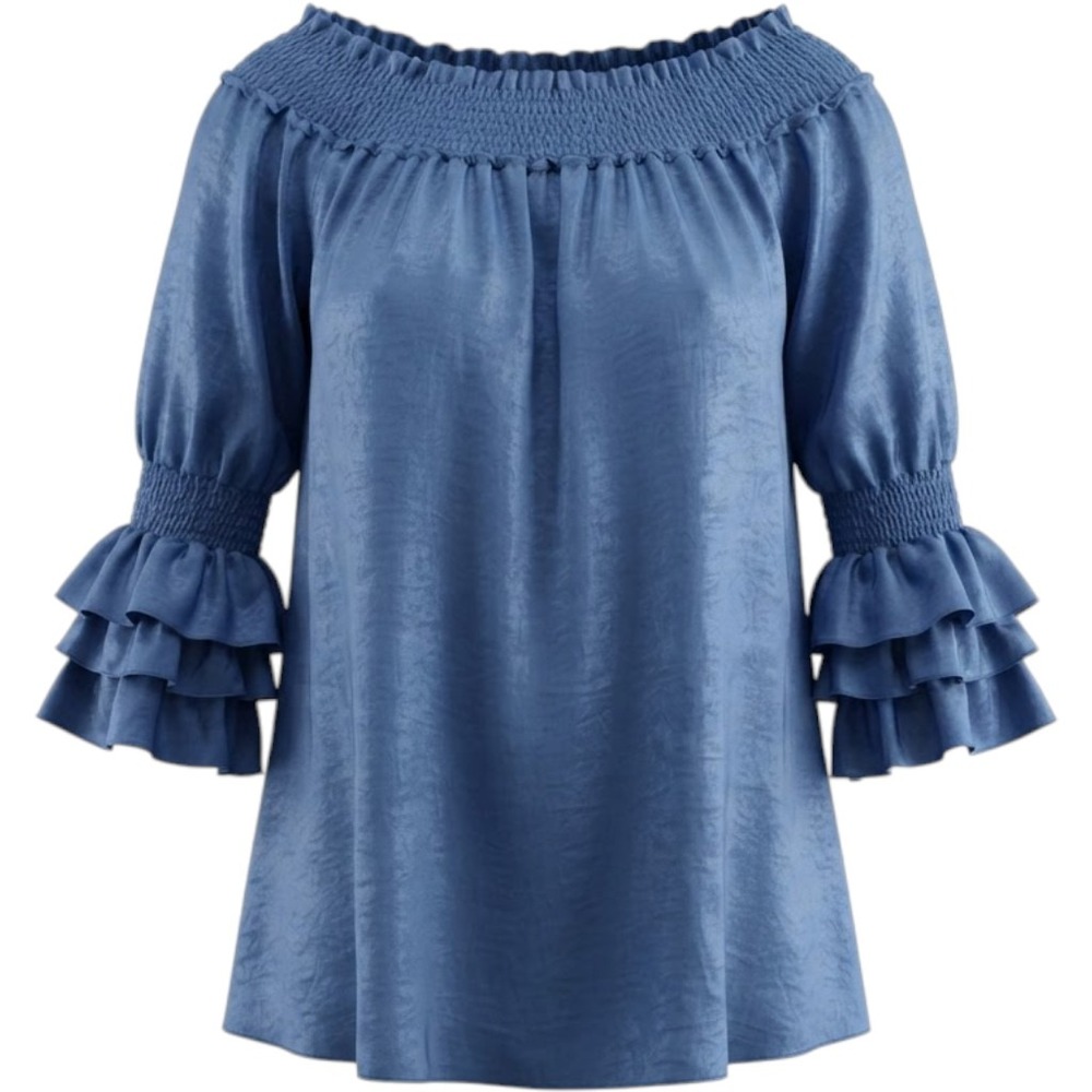 Womens L Blue Off Shoulder Blouse Smocked Ruffle Sleeve Boho Romantic Peasant